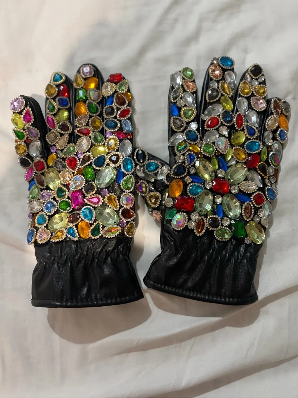 AKIRA Black Jeweled Leather Gloves with Multicolor Gems
